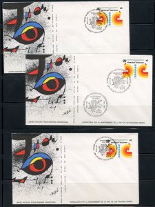 UNITED NATIONS WFUNA PEACE KEEPING JOAN MIRO CACHETED LOT OF 3 FIRST DAY COVERS