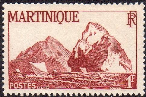 Martinique 221 - Mint-H - 1fr Sea Cliffs (1947) (cv $0.55)