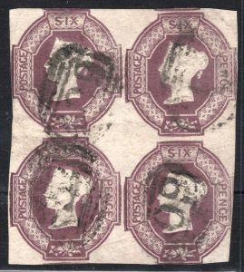 GB QV EMBOSSED Stamp SG.60 6d Purple *BLOCK OF FOUR* Used Cat £16,000- RARE SS87