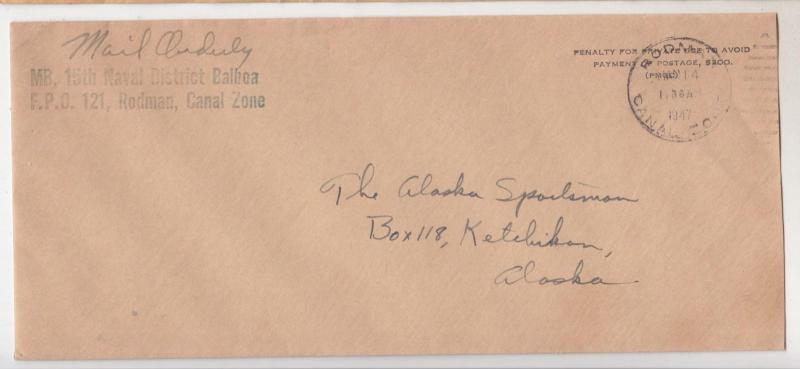 CANAL ZONE, RODMAN, 1947 cover, Balboa FPO 121 to Ketchikan, Alaska.