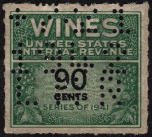 RE144 90¢ Wine Revenue Stamp (1942) Perfin