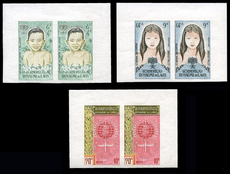 Laos #74-76var, 1962 WHO, set of three imperf. horizontal pairs, never hinged