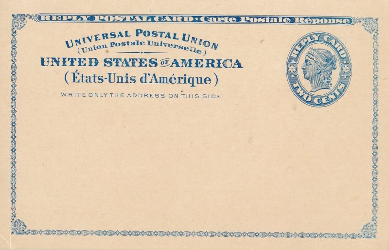 US.1893 INTERNATIONAL MESSAGE/ REPLY CARD: MINT BLUE FOLDED #UY2