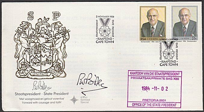 SOUTH AFRICA 1984 STATE PRESIDENT FDC signed by PM  P.W. Botha .............L692