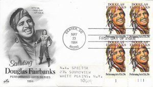 1984 FDC, #2088, 20c Douglas Fairbanks, Art Craft, plate block of 4