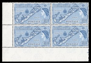 Bermuda #156 Cat$15, 1953 1sg3p blue, corner margin block of four, never hinged
