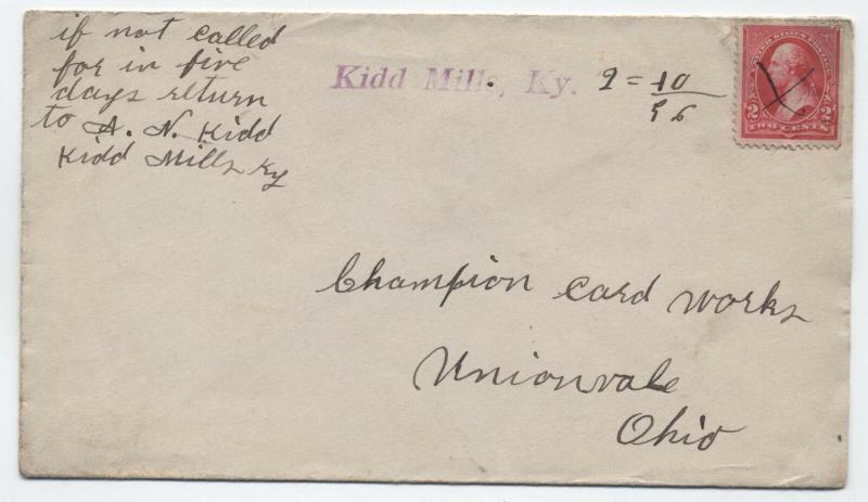 1896 Kidd Mills Kentucky straightline on 2ct 1st bureau cover [3984]