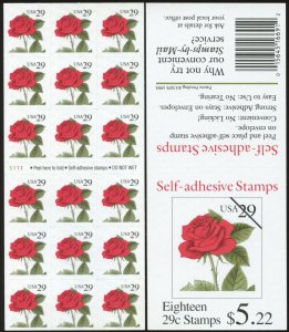 U. S. Sc# 2490a, Booklet Pane of 18 - 29¢ stamps. Roses.  2019 SCV $11.00