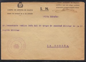 SPAIN 1916 MILITARY STAMPLESS OFFICIAL COVER GALICIA TO LA CORUNA