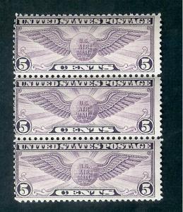 US #C16 5¢ WINGED GLOBE, VIOLET, STRIP OF 3, MogNH