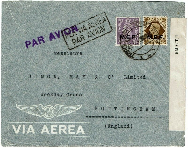 M.E.F. (Libya) 1946 Tripoli cancel on airmail cover to England, censored