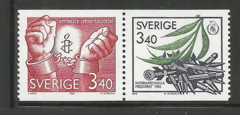 SWEDEN, 1613A, MNH, PAIR, AMNESTY INTL. & INTL PEACE YEAR