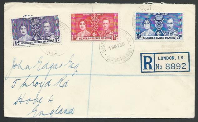 GILBERT & ELLICE 1937 Coronation FDC - registered in transit at London.....25827