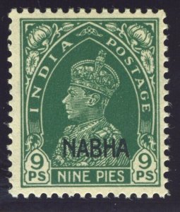 India - Nabha 1941 KGVI 9p green MLH. SG 97. Sc 89.