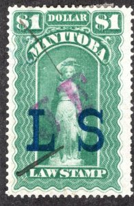 ML81 - Manitoba Law - $1  JF on LS Green, Used Revenue Stamp