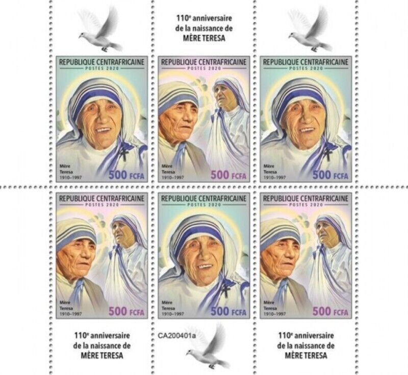 Central Africa - 2020 Mother Teresa - 6 Stamp Sheet - CA200401a