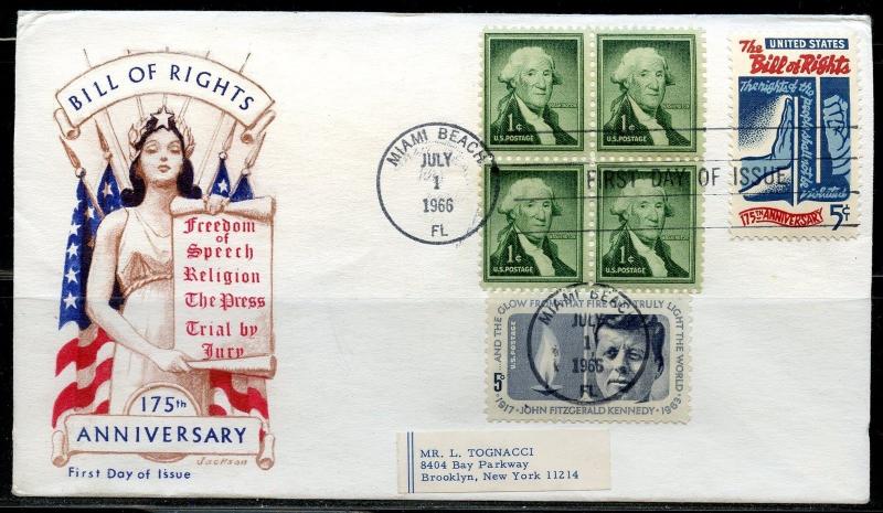 UNITED STATES 1966 BILL OF RIGHTS  COMBINATION FIRST DAY COVER  GREAT FRANKING 