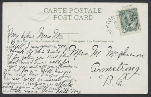 1911 Lamerton ALTA Split Ring Postmark On Glitter Post Card to Armstrong BC