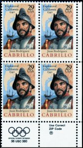 US  2704  Juan Rodriguez Cabrillo 29c - ZIP Block of 4  LR - MNH - 1992