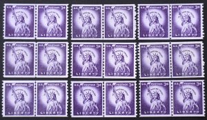 U.S. Mint Stamp Scott #1057 3c Statue of Liberty Lot of 9 Coil Line Pairs. NH.