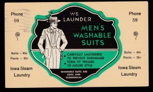 US 1933 Iowa Steam Laundry Men Washable Suits Advertising Label on Postcard