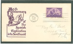 US 898 1940 3c Coronado Exploration 400th Anniversary on an addressed FDC with a cachet by an unknown publisher