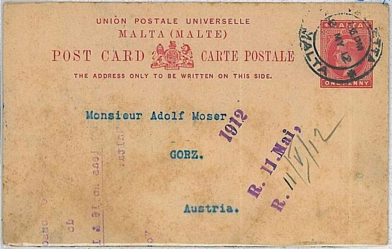 POSTAL HISTORY - POSTAL STATIONERY -  MALTA 1912 : ONE penny  to AUSTRIA