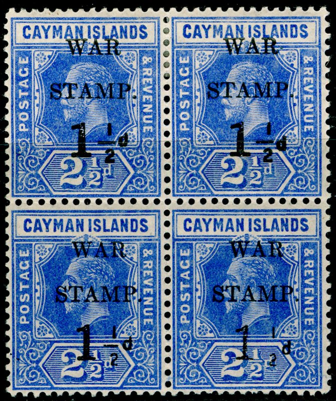 CAYMAN ISLANDS SG54a, 1½d on 2½d deep blue, NH MINT. Cat £80. BLOCK.