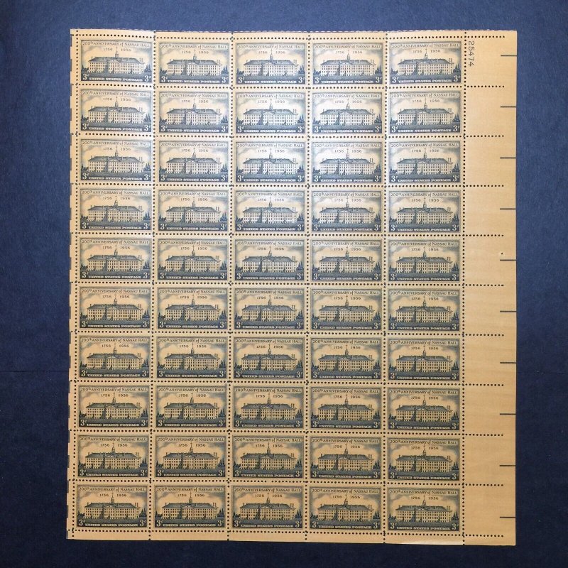 US, 1083, NASSAU HALL, FULL SHEET, MINT NH, 1950'S COLLECTION