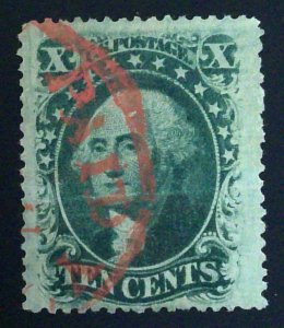 Scott #35 - VF - 10c Green - Washington - Used with Red Cancel - Type V - 1859