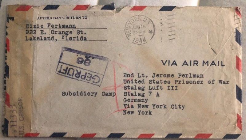 1944 Lakeland Fl Usa To Germany POW Camp Cover Luft Stalag 3 Prisoner J Perlman