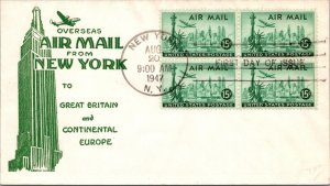 FDC 1947 SC #C35 Nice Green Cachet - New York, Ny - Block Of 4 - J653