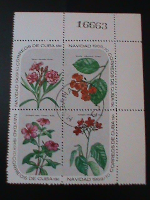 ​CUBA-1969-SC#1478a CHRISTMAS-LOVELY WILD FLOWERS-CTO- IMPRINT PLATE BLOCK VF