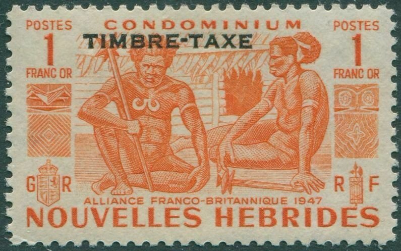 New Hebrides French due 1953 SGFD96 1f orange Natives TIMBRE-TAXE MNH 