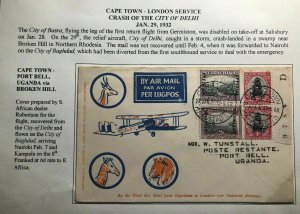 1932 Cape Town South Africa First Flight Cover FFC To Port Bell Uganda Crash