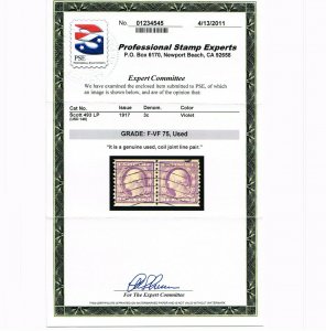 EXCEPTIONAL GENUINE SCOTT #493 USED COIL LINE PAIR PSE GRADED F-VF 2 CERTS #9443