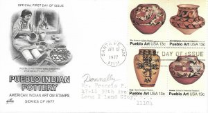 1977 FDC, #1709a, 13c Pueblo Indian Pottery, Art Craft, block of 4