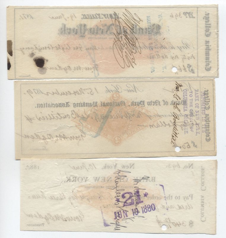 Group of 3 different 1871-1880 Columbia College revenue paper checks [y7805]