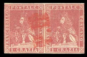 Italian States, Tuscany #4 Cat$400, 1851 1cr carmine, horizontal pair, signed...