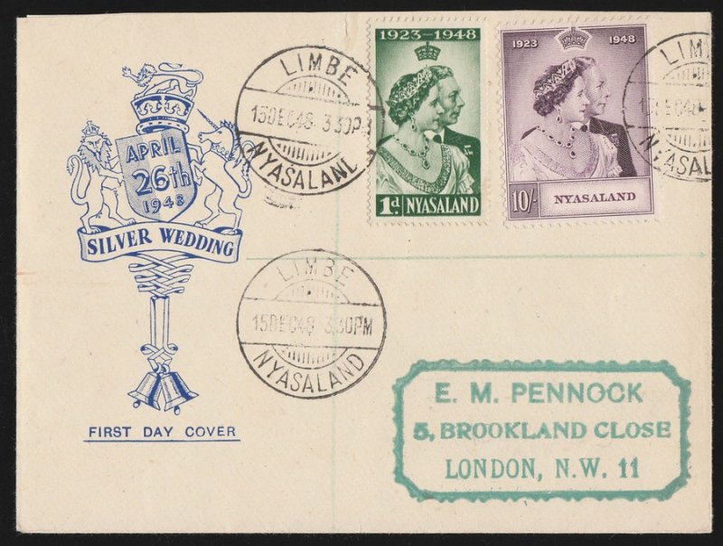 NYASALAND : 1948 KGVI Silver Wedding set pictorial FDC cover. To London. 