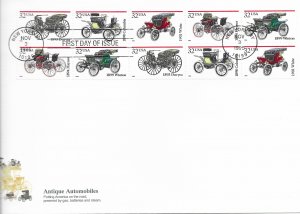 US #3019-23 FDC block of 10. Antique Autos. Writeup on back. Nice.
