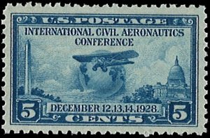 U.S. Scott # 650  1928 5c bl  Globe & Airplane  mint-nh- xf