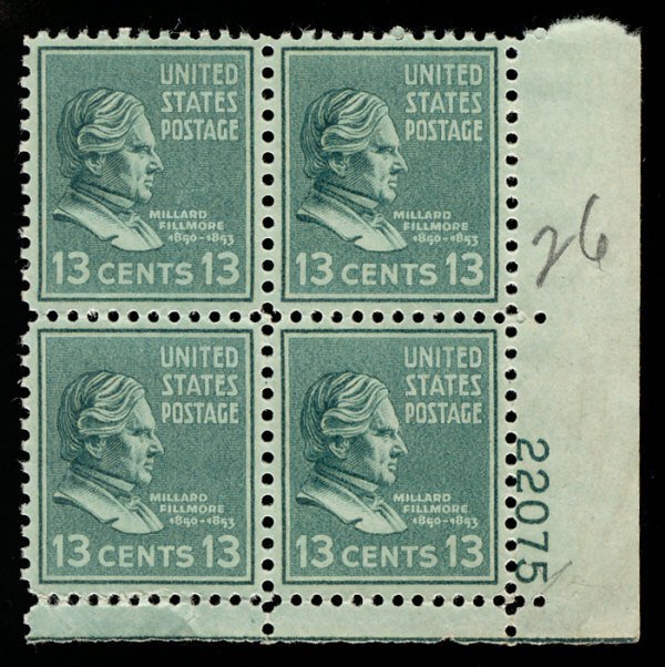 US #818 PLATE BLOCK, XF-SUPERB mint never hinged, 13 c Fillmore,  fresh color...