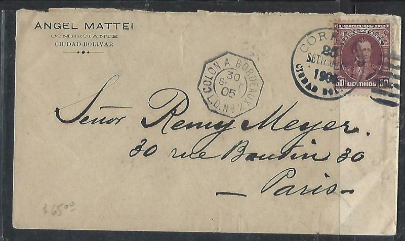 VENEZUELA  COVER (P2709B) 1905  50C COVER FR LIGNE TO FRANCE