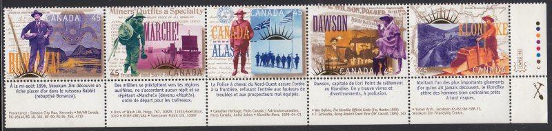 Canada 1996 MNH Sc 1606 Strip of 5 with (French) tabs 45c The Yukon Gold Rush