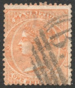 MAURITIUS-1872 1/- Orange with Inverted Watermark Sg 70w GOOD USED V41708