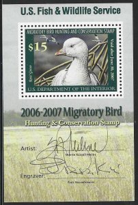 US 2006 SCOTT # RW73D DUCK HUNTING SOUVENIR SHEET SIGNED BY THE ARTIST