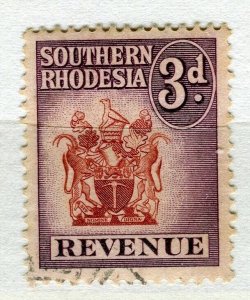 RHODESIA; 1950s early QEII Revenue issue fine used 3d. value