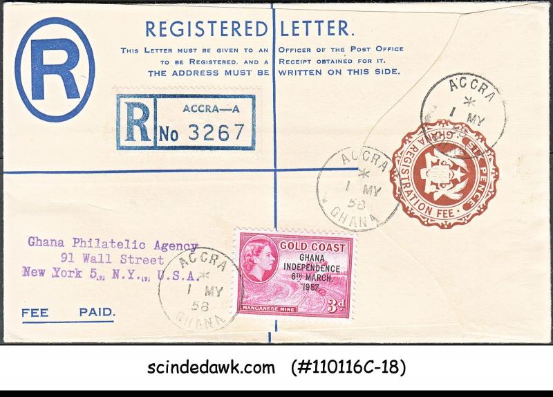 GHANA - 1958 6d REGISTERED ENVELOPE TO USA WITH STAMPS