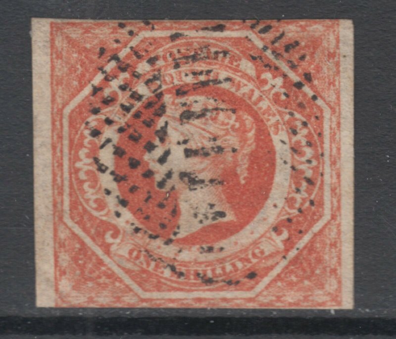 New South Wales Sc 31a used. 1854 1sh red QV definitive, fresh, sound